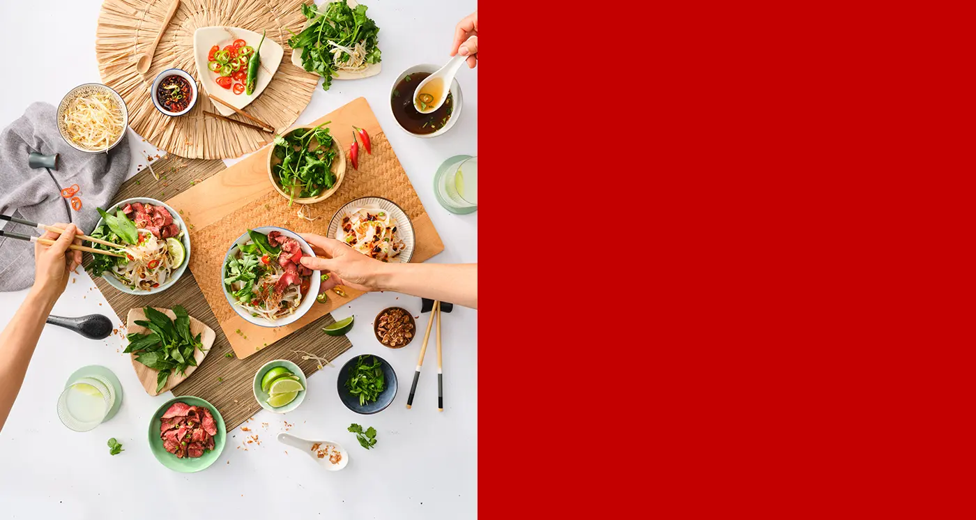 Fruits, vegetables, sauces kept on a table